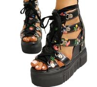 Été Nouveau Floral High Platform Street Street Casual White and Black Woman Shoes Corporations Sandales Big Size-Black, 38