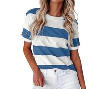 Été Nouvelle frontière européenne et Mode Rayure imprimé col Rond Manches Courtes décontracté t-Shirt Femmes, en Polyester, Lavage Facile et sans Coutures, idéal pour Plage