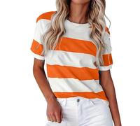 Été Nouvelle Frontière Européenne Mode Rayure Imprimé Col Rond Manches Courtes Décontracté T-Shirt Femmes (Orange, XL)