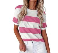 Été Nouvelle Frontière Européenne Mode Rayure Imprimé Col Rond Manches Courtes Décontracté T-Shirt Femmes (Red, XL)