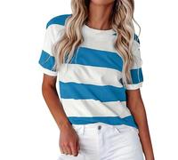 Été Nouvelle Frontière Européenne Mode Rayure Imprimé Col Rond Manches Courtes Décontracté T-Shirt Femmes (Blue, M)