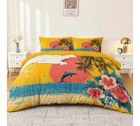 Été Plage Animal Dauphin Couette 220 x 240 cm, Super Douce Respirante Jaune Microfibre, Housse de Couette en Duvet Vacances Côtières avec 2 taie d'oreiller Adulte Ado Broderie