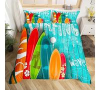 Été Surf Housse de Couette Planche de Surf Ensemble de Literie Garçon fille Plage Vague décoration Enfants Parure de Lit Adolescent Housse de Couette 140x200cm Vert Bleu Orange 1 taie d'oreiller