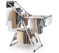 Étendoir à Linge COSTWAY Pliable - Cadre en Alu, 21 Barres à 2 Niveaux - 10 Clips Latéraux pour Chaussettes, 4 Porte-chaussures