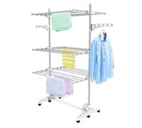 Etendoir à Linge, Etendage à Linge, 3 étagères, Blanc, avec ailes, Matériau: Tubes en acier inoxydable