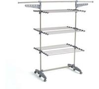 Étendoir à linge multifonction sur roulettes grande capacité 25 m 3 niveaux et 2 portes-cintres, gris et inox, Kitchen Move Extra Plus