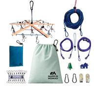 Etendoir a Linge Pliable + Corde a Linge Exterieur Intérieur 10M + Sac à Linge 50 x 40 cm, 20 Pinces à Linge INOX, 2 Attaches Arbre/Corde, 2 Crochets, 5 Mousquetons, Voyage Accessoires Made in France