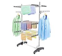 Étendoir à Linge Pliable pour intérieur et extérieur. Étendoir à Linge Pliable à extérieur. Étendoir à Linge Pliable à Plusieurs Niveaux avec 6 Roues et 2 ailettes, en Acier Inoxydable Gris.