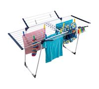 Séchoir Relaxdays Pliable et Extensible, HxLxP: 96,5x98-161,5x95 cm, métal, Pochette à Pinces zippée, Blanc/Bleu
