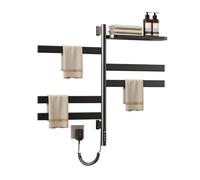 Etendoir Chauffant avec Plateau Supérieur, Seche Serviette Electrique Rotatif, Support De Séchage Mural, Chauffe-Serviettes en Acier Inoxydable 5 Barres avec Minuterie Intégrée,Noir