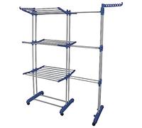 Étendoir Linge Intérieur sur 3 Niveau, Séchoir à Linge Extensible Réglable, Grand Capacité, Séchoir Mobile avec 6 Roues, Séchoir Mobile pour Grandes Familles, 75-142.5x64x170cm (Bleu gris, 170cm)