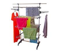 Etendoir pliable sur roulettes - 4 niv - barre télescopique - acier - H168 cm - 10 cintres - 20 pinces à linges 2 porte-cintres