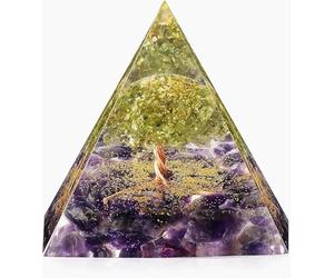 EternalOrgone Tree of Life Crystal Pyramid Peridot with Amethyst Quartz Stone Orgonite Pyramid for Crystal Healing Meditation that Promotes Wealth, Prosperity and Attracts Success