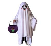 Eterspr Costume de Fantôme Blanc pour enfant, Costume Halloween Enfant Fantome, Avec cape, panier de citrouille,Fantôme Enfant Costume Halloween, Taille Unique