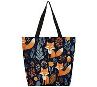 Ethebre Art Forest Fox Sac fourre-tout en toile pour femme réutilisable avec poche intérieure à fermeture éclair Motif renard et feuilles d'automne
