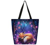 Ethebre Forest Rose Fox Sac fourre-tout en toile réutilisable pour femme avec poche intérieure zippée Motif mignon imprimé décontracté Travail quotidien Voyage shopping shopping Sac fourre-tout cadeau