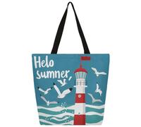 Ethebre Hello Summer Sac fourre-tout en toile réutilisable avec poche intérieure zippée Motif mouette et phare pour femme