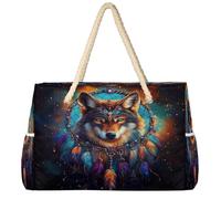 Ethebre Majestic Wolf - Grand sac de plage imperméable et résistant au sable avec fermeture éclair - Plusieurs poches - Pour voyage, piscine, vacances, gym, shopping - 52 x 18,5 x 38 cm