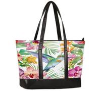 Ethebre Sac d'ordinateur en toile avec poignée en cuir, motif colibri, orchidées, fleurs d'orchidées, pour femme, sac fourre-tout pour ordinateur portable de 15,6 pouces, sac de travail à bandoulière