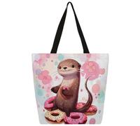 Ethebre Sac fourre-tout en toile avec motif loutre et beignets pour femme, sac à main réutilisable avec poche intérieure zippée, joli imprimé, décontracté, travail, voyage, shopping, épicerie, cadeau