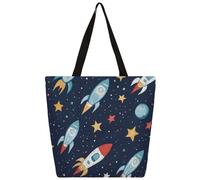 Ethebre Sac fourre-tout en toile réutilisable avec poche intérieure à fermeture éclair pour femme, motif vaisseaux spatiaux, étoiles, univers
