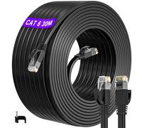Ethernet Cable 30 m Cat 6, Flat RJ45 Cable 30 m High Speed Internet Cable Black, Thin Network Cable 30 m 1000Mbps 250MHz Waterproof Outdoor Indoor LAN Cable for Router PS4/5 (30 Clips)