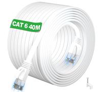 Ethernet Cable 40 m, RJ45 Cable 40 m White Network Cable Cat 6 Long Cable Internet High Speed 1000Mbps 250MHz, Flat Gigabit Cable LAN Outdoor Indoor Waterproof for Router Switch Modem (40 Clips)