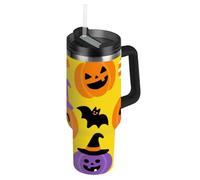 EtherSpher Bouteille d'eau orange citrouille d'Halloween à large goulot avec sangle et couvercle à paille, tasse décorative avec poignée pour eau, thé glacé ou café Vaso para te Caliente 1,2 l
