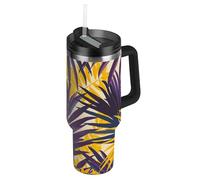EtherSpher Bouteille d'eau réutilisable sous vide avec couvercle à paille - Motif feuilles de palmier - Violet et jaune - Pour la maison, le bureau ou la voiture - 1200 ml