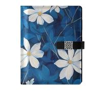 EtherSpher Cahier à spirales ligné en cuir avec motif floral blanc bleu foncé 16,7 x 9,2 cm