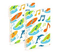 EtherSpher Lot de 2 cahiers à spirales robustes format A5, motif bateau d'été, note de musique, dauphin, 21,1 x 14,5 cm, 60 feuilles pour planificateur et entreprise