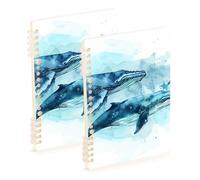 EtherSpher Lot de 2 cahiers d'école à spirales à couverture rigide avec motif baleines bleu clair style aquarelle 21,1 x 14,5 cm - 60 feuilles pour l'école et le bureau