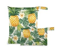 EtherSpher Lot de 2 sacs à fermeture éclair motif ananas tropicaux, feuilles de palmier, jaune doré, vert, fleur pour nageurs, essentiels de voyage pour bébés avec poignées pour le bain, les voyages