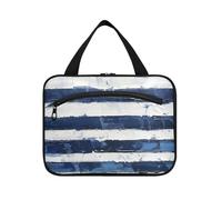EtherSpher Sac à pharmacie bleu et blanc à rayures horizontales à suspendre avec crochet, sac essentiel de designer pour maquillage pour croisière, voyage, bolsa para maquillaje L, Rayures