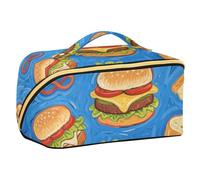 EtherSpher Trousse de maquillage avec compartiments et poignée - Motif hamburger - Avec compartiments et fermeture éclair - Bleu