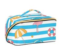 EtherSpher Trousse de maquillage avec fermeture éclair et motif flamant rose à rayures bleues et blanches pour femme