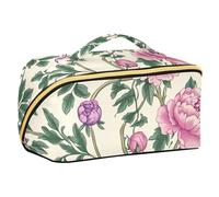 EtherSpher Trousse de maquillage vintage avec compartiments et poignée - Motif fleurs roses et feuilles vertes - Style William Morris