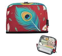 EtherSpher Trousse de rangement à crayons avec plumes de paon rouge et vert - Grande capacité - Trousse de maquillage multi-fentes pour enfants - Pour l'école
