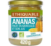 ETHIQUABLE - Ananas en Morceaux au Jus d'Ananas Bio - Sans Sucre Ajouté - le pot de 420g - Le Lot De 3