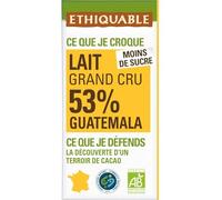 ETHIQUABLE - Chocolat au Lait 53% Cacao Guatemala Bio - Fabriqué en France - la tablette de 100g - Le Lot De 4