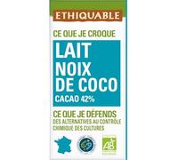 ETHIQUABLE - Chocolat au Lait Bio à la Noix de Coco, Texture Fondante et Saveurs Exotiques (Tablette 100g) - Le Lot De 4