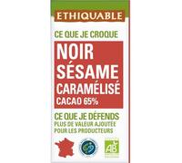 ETHIQUABLE - Chocolat Noir 65% au Sésame Grillé et Éclats de Caramel Salé Bio - la tablette de 100g - Le Lot De 4