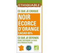 ETHIQUABLE - Chocolat Noir 65% aux Écorces d'Orange Confites Bio - Sans Lécithine - la tablette de 100g - Le Lot De 4