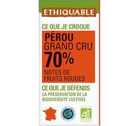 ETHIQUABLE - Chocolat Noir 70% Cacao Pérou Bio - Sans Lécithine - la tablette de 100g - Le Lot De 4