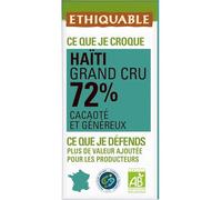 ETHIQUABLE - Chocolat Noir 72% Cacao Haïti Bio - Sans Lécithine - la tablette de 100g - Le Lot De 4