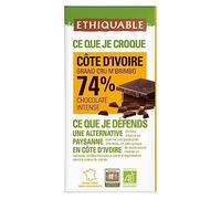 ETHIQUABLE - Chocolat Noir 74% Cacao Côte d'Ivoire Bio, 100g - Lot De 4
