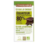 ETHIQUABLE - Chocolat Noir 80% Cacao Équateur Bio 100G - Lot De 4