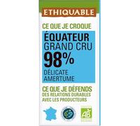 ETHIQUABLE - Chocolat Noir 98% Cacao Équateur Bio - 2 Ingrédients - la tablette de 100g - Le Lot De 4