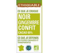 ETHIQUABLE - Chocolat Noir Bio au Gingembre Confits, Saveur Intense et Épicée (Tablette 100g) - Le Lot De 4