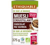 ETHIQUABLE - Muesli Croustillant Chocolat Noir 72% et Quinoa Bio - Sans Huile de Palme - la boite de 375g - Le Lot De 3